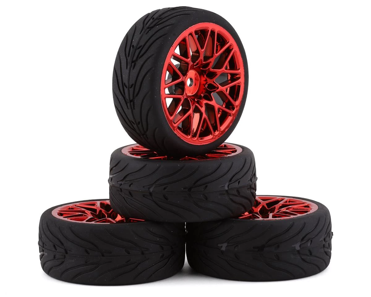 Yeah Racing Spec T Pre-Mounted On-Road Touring Tires w/LS Wheels (Red) (4) w/12mm Hex & 3mm Offset 3 Yeah Racing Spec T Pre-Mounted On-Road Touring Tires w/LS Wheels (Red) (4) w/12mm Hex & 3mm Offset