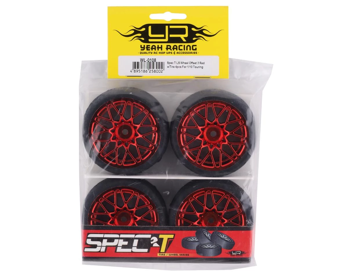 Yeah Racing Spec T Pre-Mounted On-Road Touring Tires w/LS Wheels (Red) (4) w/12mm Hex & 3mm Offset 5 Yeah Racing Spec T Pre-Mounted On-Road Touring Tires w/LS Wheels (Red) (4) w/12mm Hex & 3mm Offset - Image 3